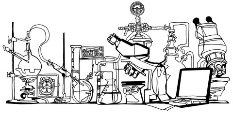 Wall Mural - chemistry or physics abstract fantasy laboratory black line art vector illustration featuring micros