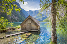 Lake Obersee With Boat House In Summer, Bavaria, Germany