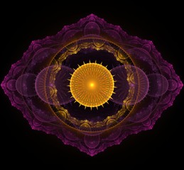 Wall Mural - Dark violet and golden fractal mandala on black background
