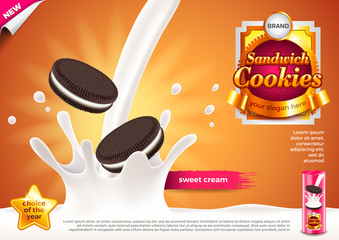 Sandwich cookies in pouring milk ads vector background