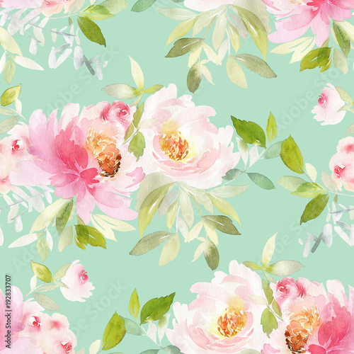 Seamless summer pattern with watercolor flowers handmade.