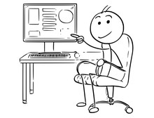 Cartoon Stick Man Drawing Conceptual Illustration Of Businessman Pointing At Computer Screen With Data.