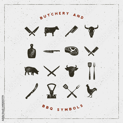 Fotografía set of butchery and barbecue symbols with letterpress effect