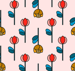 Pattern of flowers with a rose and a tulip of red and yellow, vector