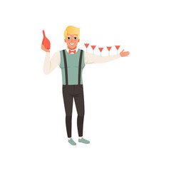 Wall Mural - Cheerful bartender pouring alcoholic cocktails, barman show cartoon vector Illustration on a white background