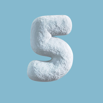 Snow Font. 3d rendering isolated on blue background. Number 5