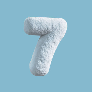 Snow Font. 3d rendering isolated on blue background. Number 7