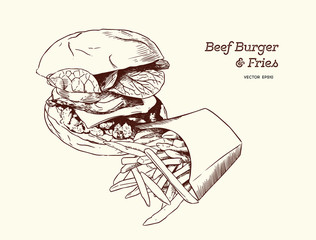 Wall Mural - illustration of a burgerwith fries, vector drawing