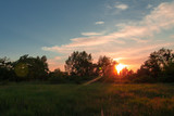 Fototapeta Tęcza - Sonnenaufgang oder Sonnenuntergang auf einer Wiese mit Bäumen