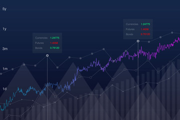 Stock chart trading graph idea, vector illustration. Neon market growth graph, analysis tools conceptual background. Investment monitor diagram, stock data.