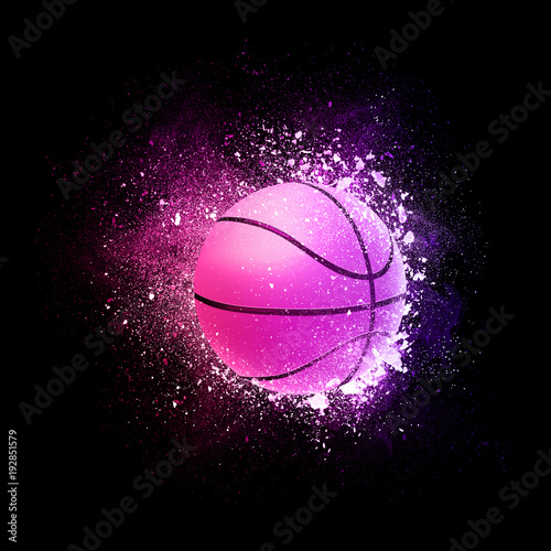 Basketball Ball flying in violet particles isolated on black background