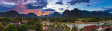 Landspace View Panorama At Sunset In Vang Vieng, Laos.