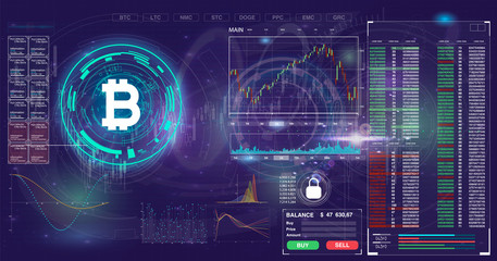 Aufkleber - HUD UI for business app. User interface of the future. Infographic elements.Crypto currency. Bitcoin.