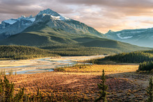 Saskatchewan River Crossing During Autumn Golden Hour Of The Icefields Parkway