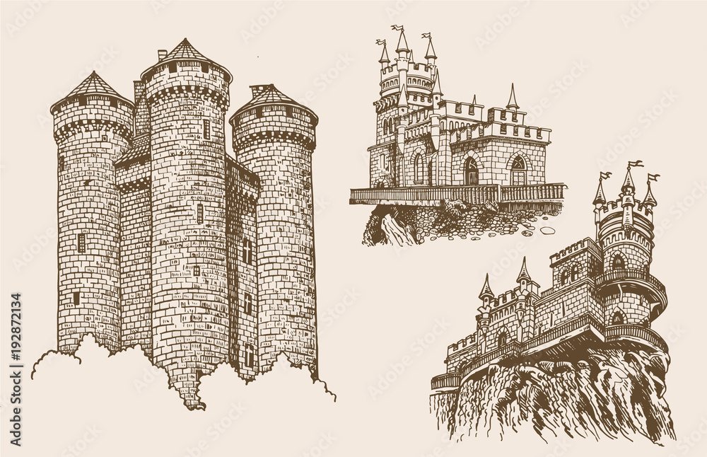 Graphical set of vintage medieval castles isolated,vintage sightseeing ...