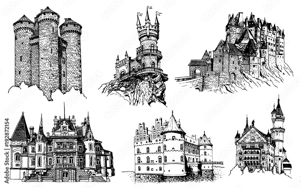 Graphical set of medieval castles isolated on white background, castles of Germany, Crimea, France - obrazy, fototapety, plakaty 