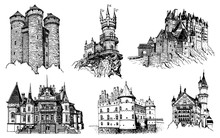 Graphical Set Of Medieval Castles Isolated On White Background, Castles Of Germany, Crimea, France