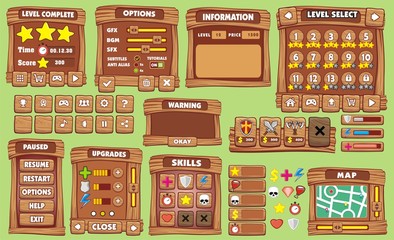 Game User Interface in cartoon style with basic buttons and functions, status bar, for creating game