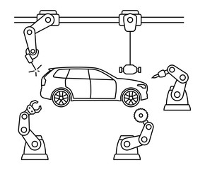 Wall Mural - Thin line style car assembly line. Automatic auto production conveyor. Robotic car machinery industry concept. Vector illustration.