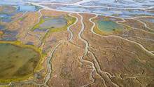 Drone View Of A Spectacular Delta Where A River Flows Into The Sea