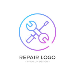 Poster - Repair logo. Screwdriver and wrench icon. Premium design. Trendy outline style. Abstract concept. Simple round line icon isolated on white background. Modern vector logo