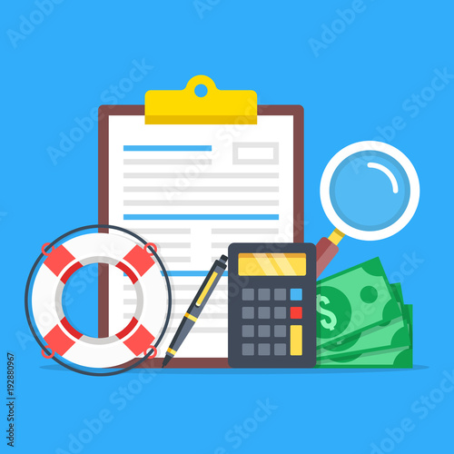 Life Insurance Policy Lifebuoy Calculator Money Pen Life Insurance Policy Lifebuoy Calculator Money Pen Magnifier Flat
