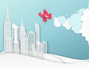 Poster - White paper skyscrapers and airplane in the sky. Achitectural building in panoramic view. Modern city skyline building industrial paper art landscape skyscraper offices. Vector Illustration