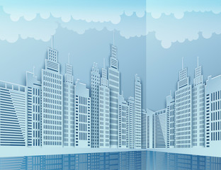 Wall Mural - Paper skyscrapers. Achitectural building. Modern city skyline building industrial paper art landscape skyscraper offices, clouds. Vector Illustration