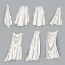 Set Of Fluttering White Cloths, With Folds Soft Lightweight Clear Material Isolated Vector Illustration Cartoon Style