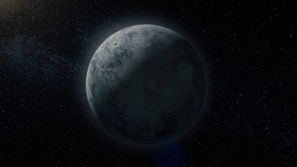 Poster - Planet in space. Solar system and space objects. Abstract scientific background - glowing planet in space, nebula and stars. Earth and galaxy on background.