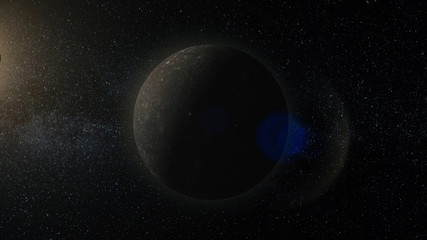 Poster - Planet in space. Solar system and space objects. Abstract scientific background - glowing planet in space, nebula and stars. Earth and galaxy on background.