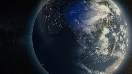 Poster - Planet in space. Solar system and space objects. Abstract scientific background - glowing planet in space, nebula and stars. Earth and galaxy on background.