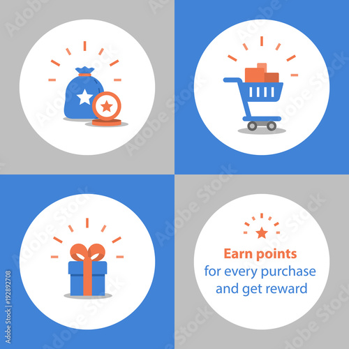 Fotografía Earn points for purchase, loyalty program, reward concept, full shopping cart, r