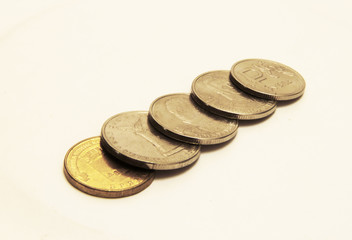 Stacks of Russian coins laying on the white background