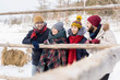 © Seventyfour - Portrait of four young people leaning on wooden fence enjoying winter vacation together, copy space