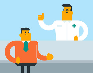 Sticker - Caucasian white pharmacist standing behind the counter and suggesting drug to buyer in the drugstore. Professional pharmacist selling medications to client. Vector cartoon illustration. Square layout.