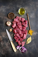 Poster - Cut beef with sea salt and spices .Top view with copy space.