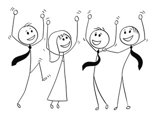 Wall Mural - Cartoon stick man drawing conceptual illustration of group or team of business people celebrating success.