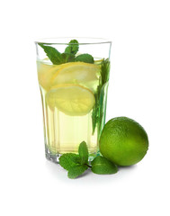 Wall Mural - Glass of fresh lemonade on white background