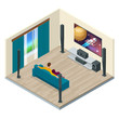 Living room interior with modern home theater system. Digitally created and high resolution rendered. Home theater system vector isometric illustration
