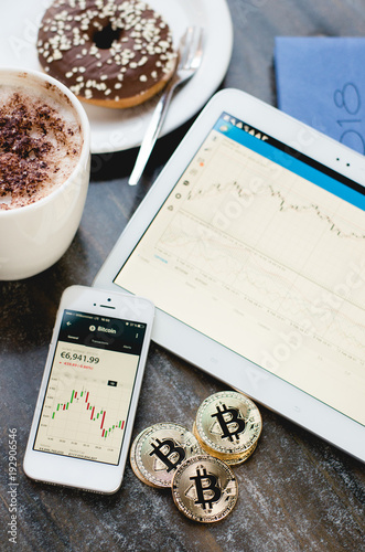 Bitcoin Coins Cappucino Coffe Cup Smartphone Iphone With Chart App - 