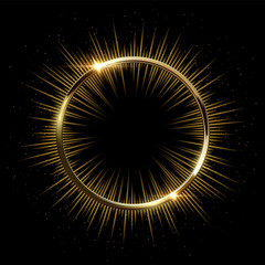 Poster - Golden sparkling ring with rays isolated on black background. Vector golden frame.