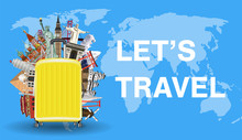 Let's Travel With Luggage Bag And World Landmark