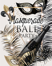 MASQUERADE PARTY INVITATION CARD WITH CARNIVAL DECO OBJECTS . GOLD, WHITE AND BLACK. VECTOR ILLUSTRATION