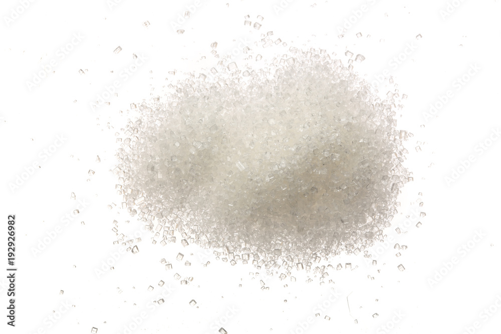 Heap of granulated sugar isolated on white background. Top view. Flat lay - obrazy, fototapety, plakaty 