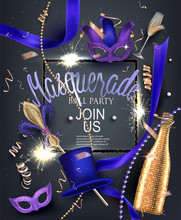 Beautiful Masquerade Banner With Masks, Beads, Sparklers,  Bottles And Glasses Of Champagne And Ribbons. Vector Illustration