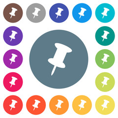 Sticker - Push pin flat white icons on round color backgrounds