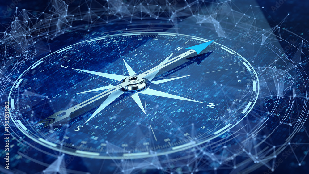 E-Business network concept. Compass Direction On Digital Code Blue Background. 3d rendering - obrazy, fototapety, plakaty 