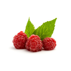 Wall Mural - Photo of fresh red raspberry with leaves isolated on white background