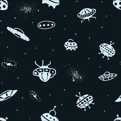 Wall Mural - Vector seamless background from hand drawn UFO. Doodle UFO Flying Saucer and galaxy. Universe pattern